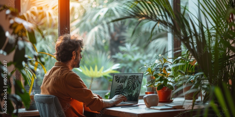 A man works from home with a view of nature outside an open window. The concept of remote work, freelancing A man works from home with a view of nature outside an open window. The concept of remote work, freelancing