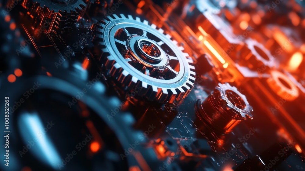 Fototapeta premium Close-up of a shiny metal gear with red glow.