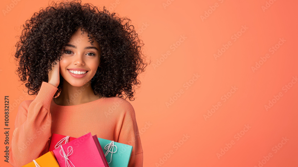 Young woman with curly hair holding colorful gift boxes, smiling against an orange background, celebrating a special occasion Young woman with curly hair holding colorful gift boxes, smiling against an orange background, celebrating a special occasion