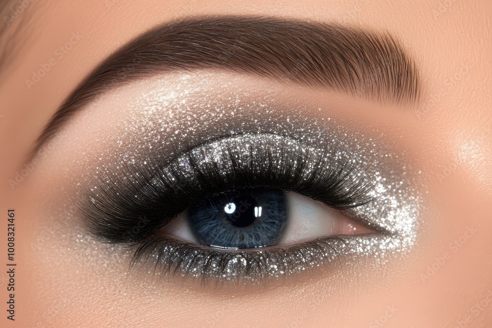 Obraz premium Sparkling eye makeup with glitter perfect eyebrow