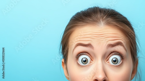 Surprised woman with wide eyes on blue background