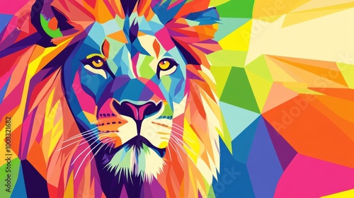 A colorful, abstract, geometric portrait of a lion's face.