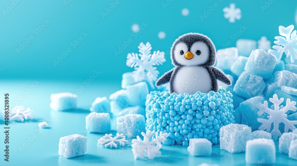 Obraz premium Cute penguin figurine surrounded by blue ice and snowflakes, perfect for winter-themed decor.