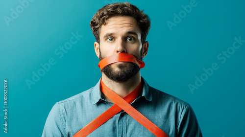 Close-up of a red tape crossed over a man's mouth, symbolizing the restriction of free speech, cancel culture photo