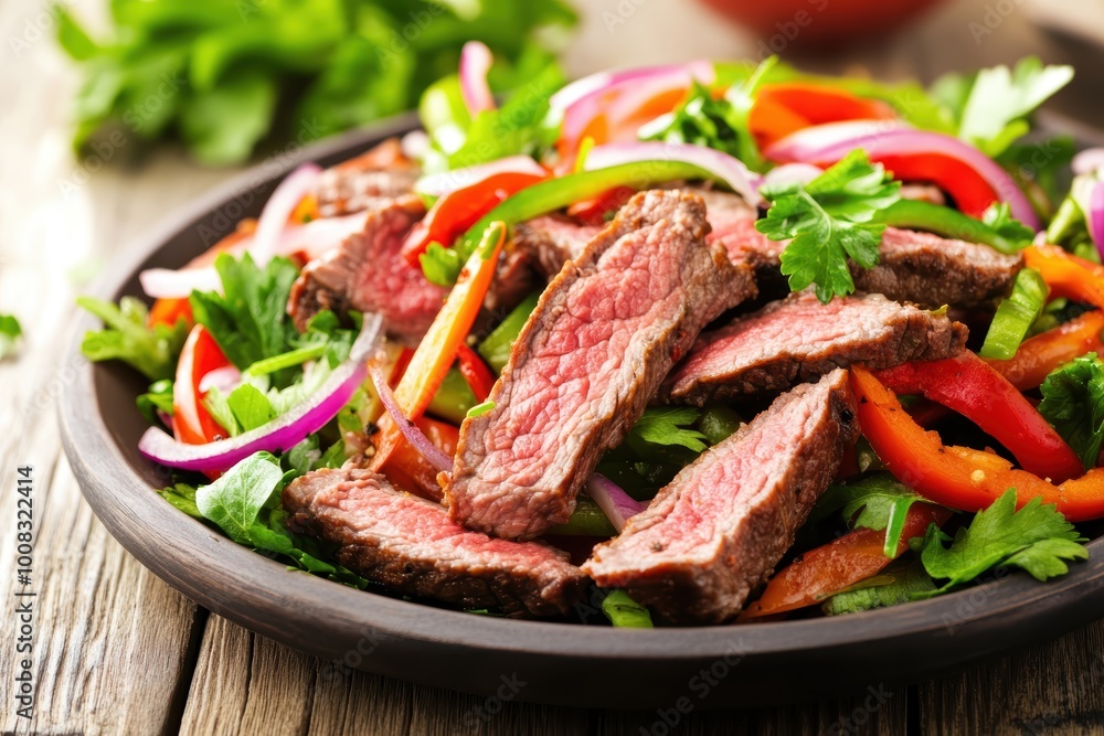 Freshly prepared beef fajita salad on plate Freshly prepared beef fajita salad on plate