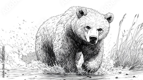 Dynamic black and white sketch portraying a bear in full motion with intensity image photo