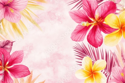 Tropical hibiscus plumeria flower background with palm leaves