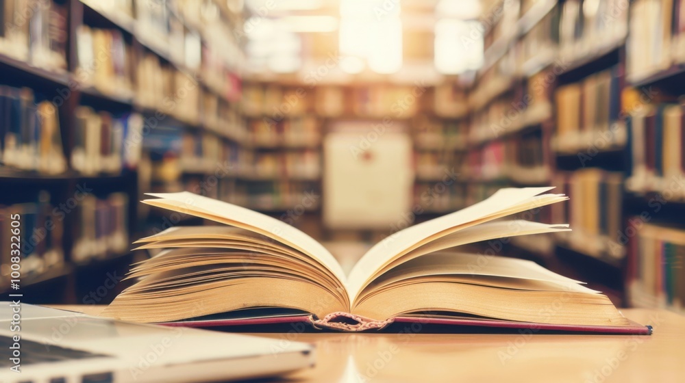 Open Book in Library with Blurred Shelves Background Open Book in Library with Blurred Shelves Background