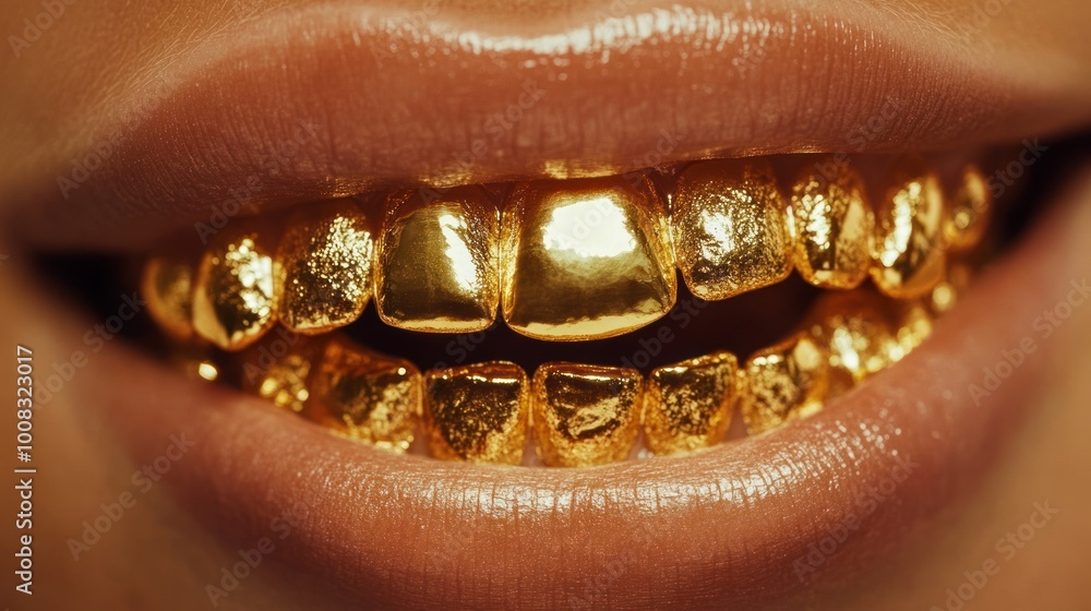 Obraz premium Close up of a woman's lips with gold teeth.