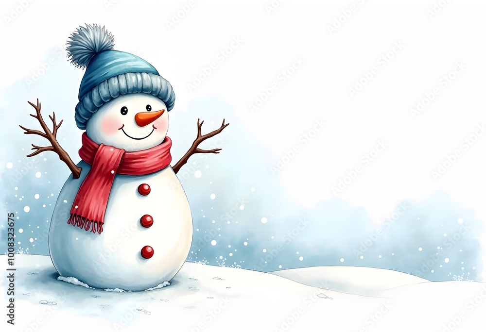 Obraz premium Christmas snowman in the red hat and plaid scarf. Vector illustration on white background. 