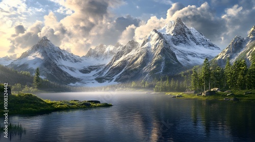 Serene mountain landscape with a lake and lush greenery.