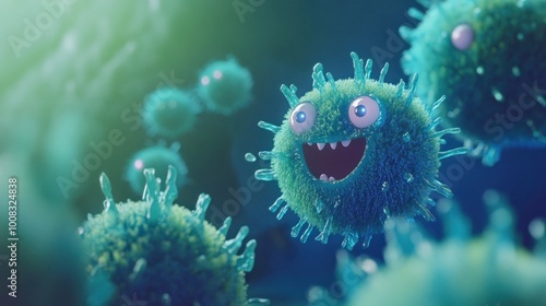 A 3D rendering of a happy cartoon virus with bright blue spikes against a dark blue and green background.