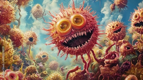 A close-up of a monstrous, spiky, multi-eyed organism with a gaping maw full of teeth, surrounded by other similar creatures in a vibrant, colorful environment. photo