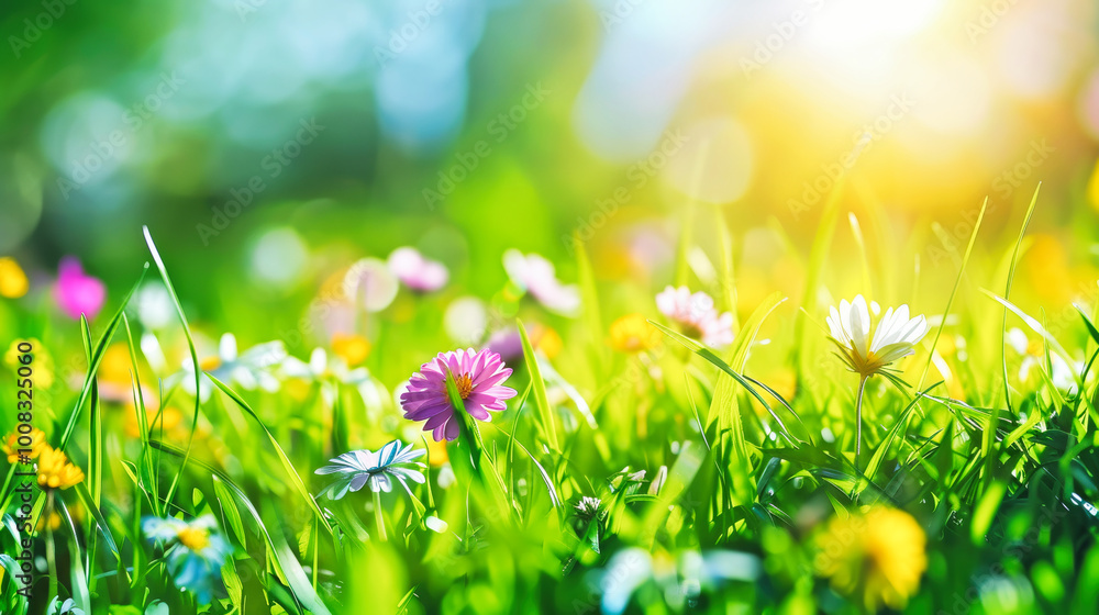 Fototapeta premium Beautiful green grass with colorful flowers in the sunlight