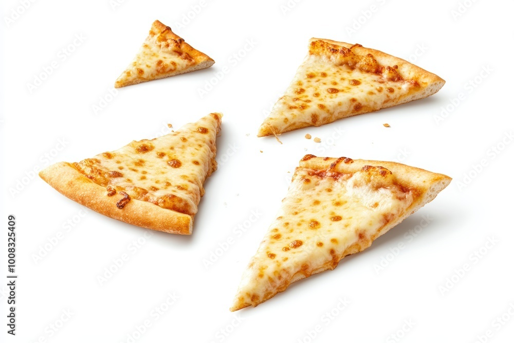 Fototapeta premium Scattered cheesy pizza slices on white background