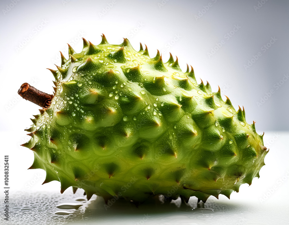 Close-up of fresh Soursop Fruit with water drops on a pitch white background Close-up of fresh Soursop Fruit with water drops on a pitch white background