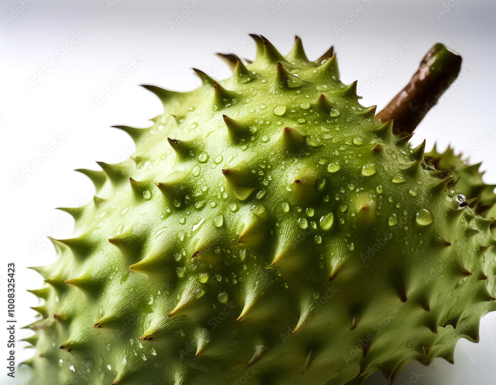 Close-up of fresh Soursop Fruit with water drops on a pitch white background Close-up of fresh Soursop Fruit with water drops on a pitch white background