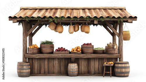 Wooden Market Stall with Fruit and Vegetables Displayed photo