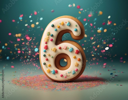 Decorated cookie, number 6, illustration for birthday or anniversary celebration