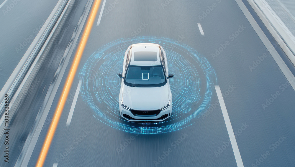Obraz premium Overhead view of a self-driving car on a highway, illustrating modern technology and future transportation