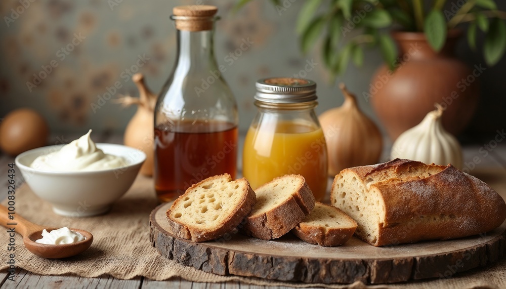 Delicious spread with freshly sliced bread and probiotic foods on rustic kitchen table