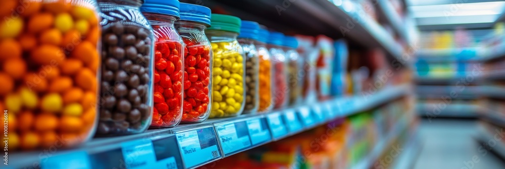 Candy jars filled with bright, colorful treats are neatly arranged on a store shelf, showcasing a variety of sweets in glass containers. Candy jars filled with bright, colorful treats are neatly arranged on a store shelf, showcasing a variety of sweets in glass containers.