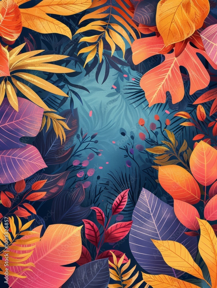Fototapeta premium Surrounding the blank square are various colorful leaves and plants, adding a vibrant and lively touch to the scene.