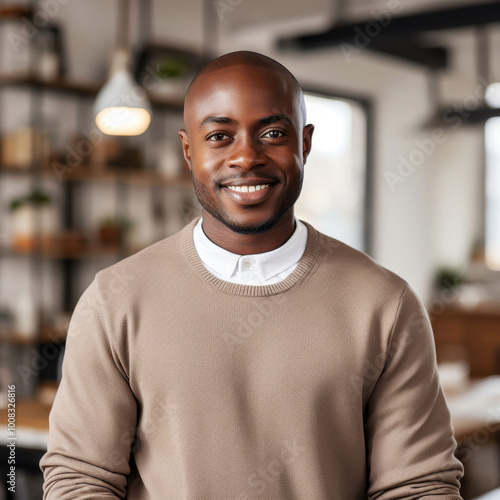 Smiling young businessman in modern office environment with casual attire photo