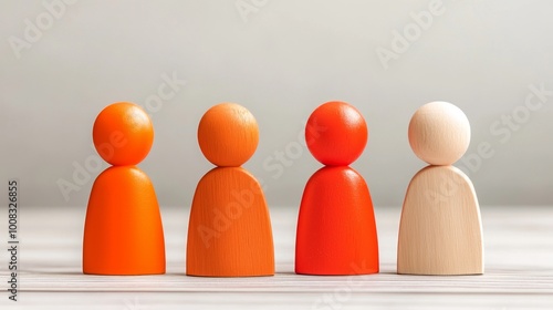 Four wooden figures in shades of orange and red stand together, symbolizing diversity, unity, and group dynamics in a team.