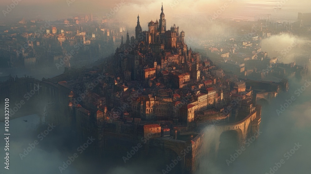 Fototapeta premium A majestic, ancient city on a cliff, shrouded in morning mist, with a stone bridge leading to the shore.