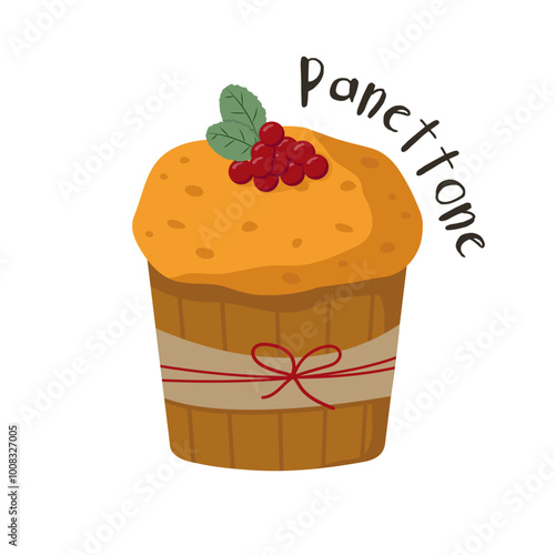 Cranberry panettone for Christmas in vector. A doodle-style Christmas pie.