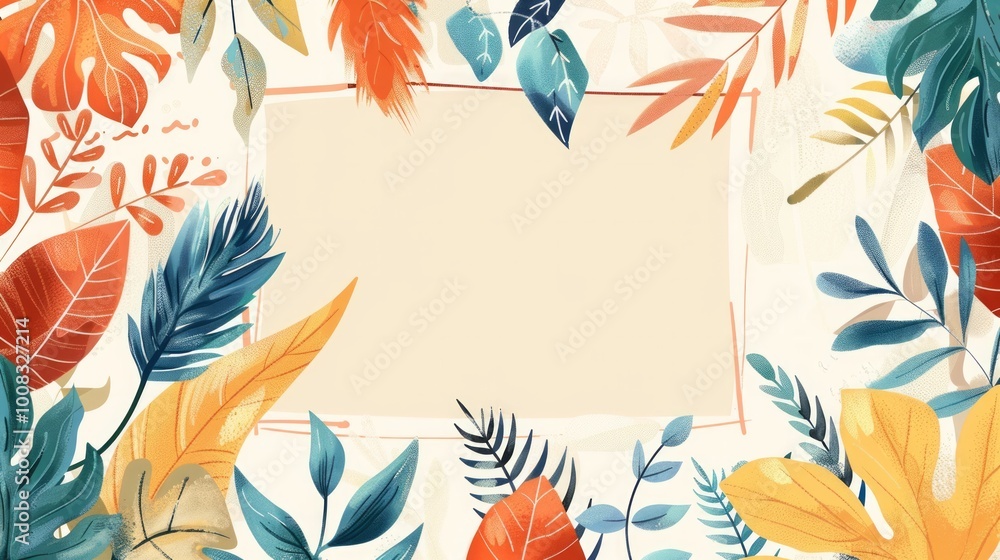 Surrounding the blank square are various colorful leaves and plants, adding a vibrant and lively touch to the scene. Surrounding the blank square are various colorful leaves and plants, adding a vibrant and lively touch to the scene.