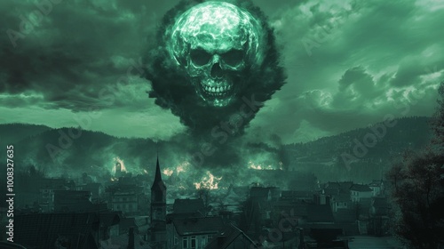 A sinister skull-shaped cloud hovers over a city engulfed in flames, with a greenish haze adding to the apocalyptic mood. Perfect for illustrating chaos, destruction, and supernatural disaster themes photo