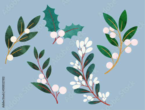 watercolor winter berry, mistletoe christmas