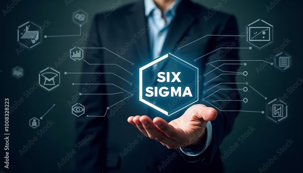 A Businessman Holding a Hexagonal Hologram of SIX SIGMA Surrounded by Data Visualizations for Effective Business Strategy A Businessman Holding a Hexagonal Hologram of SIX SIGMA Surrounded by Data Visualizations for Effective Business Strategy