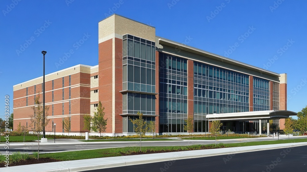 Modern office building with brick and glass exterior. Modern office building with brick and glass exterior.