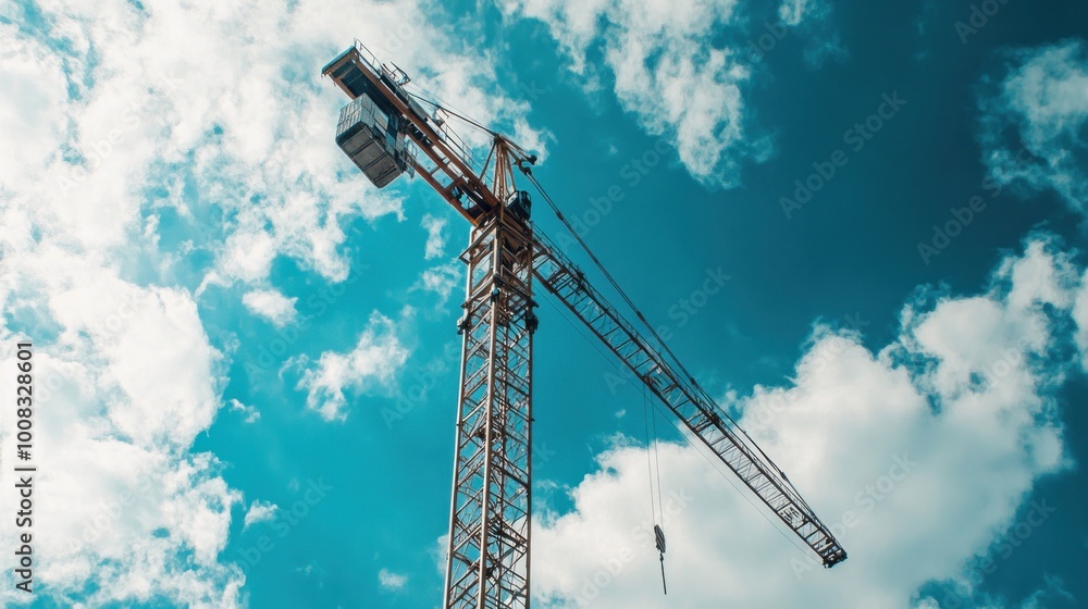 A construction crane against a bright blue sky with white clouds. A construction crane against a bright blue sky with white clouds.