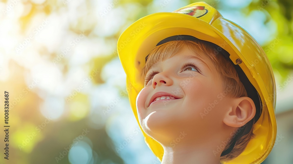 Close-Up of Happy Children in Firefighter Helmets Looking at the Sky on a Sunny Day Close-Up of Happy Children in Firefighter Helmets Looking at the Sky on a Sunny Day