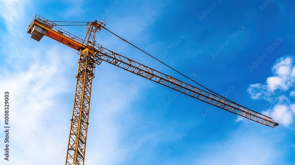 Yellow construction crane against a blue sky with white clouds. Yellow construction crane against a blue sky with white clouds.