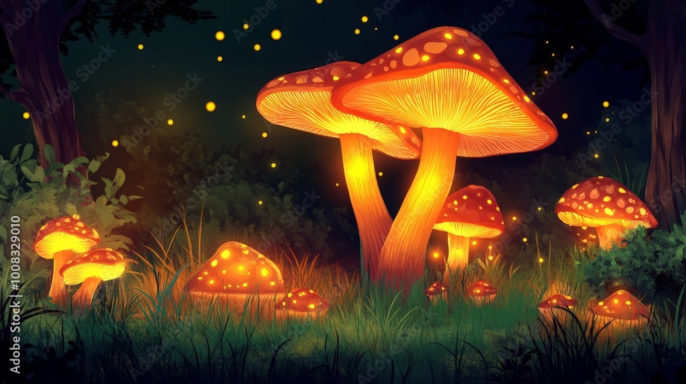 A group of glowing mushrooms in a dark forest with fireflies in the air. A group of glowing mushrooms in a dark forest with fireflies in the air.