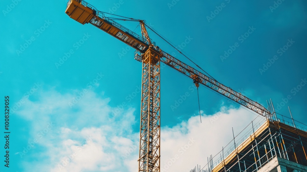 Yellow construction crane against a blue sky with white clouds. Yellow construction crane against a blue sky with white clouds.