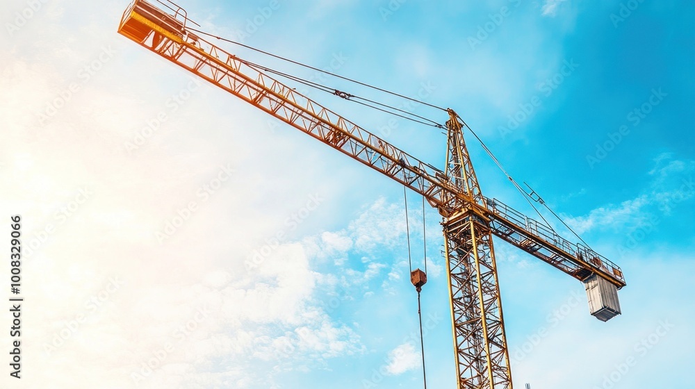 Yellow construction crane against a bright blue sky with white clouds. Yellow construction crane against a bright blue sky with white clouds.