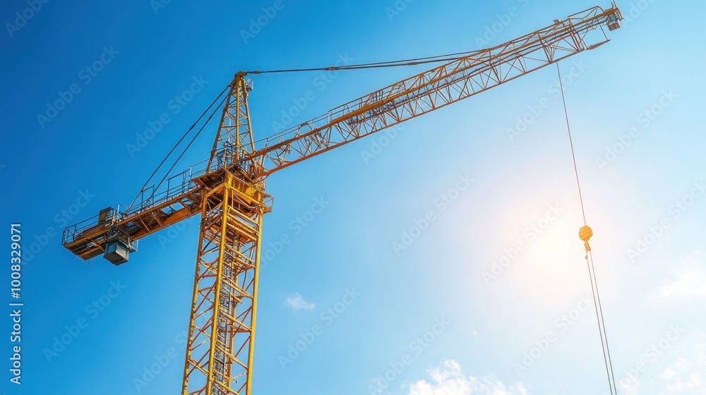 Yellow construction crane against blue sky. Yellow construction crane against blue sky.