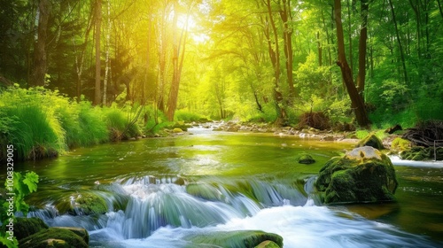 Serene Stream Flowing Through Lush Green Forest