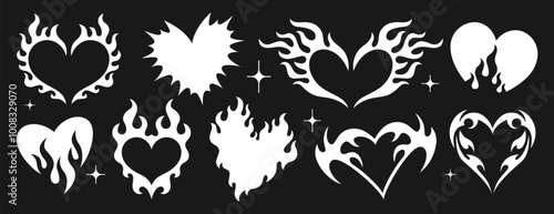 Neo tribal aesthetic y2k heart shape tattoo. White neotribal emo love stickers, cyber sigilism elements. Gothic body ornament. Trendy hand drawn goth burning hearts on fire flames, bling sparkle stars