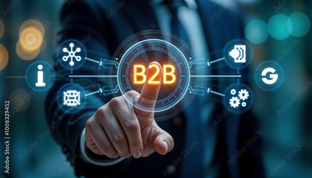 Businessman Highlighting B2B Operations on a Futuristic Digital Interface, Ideal for Technology and Business Presentations Businessman Highlighting B2B Operations on a Futuristic Digital Interface, Ideal for Technology and Business Presentations