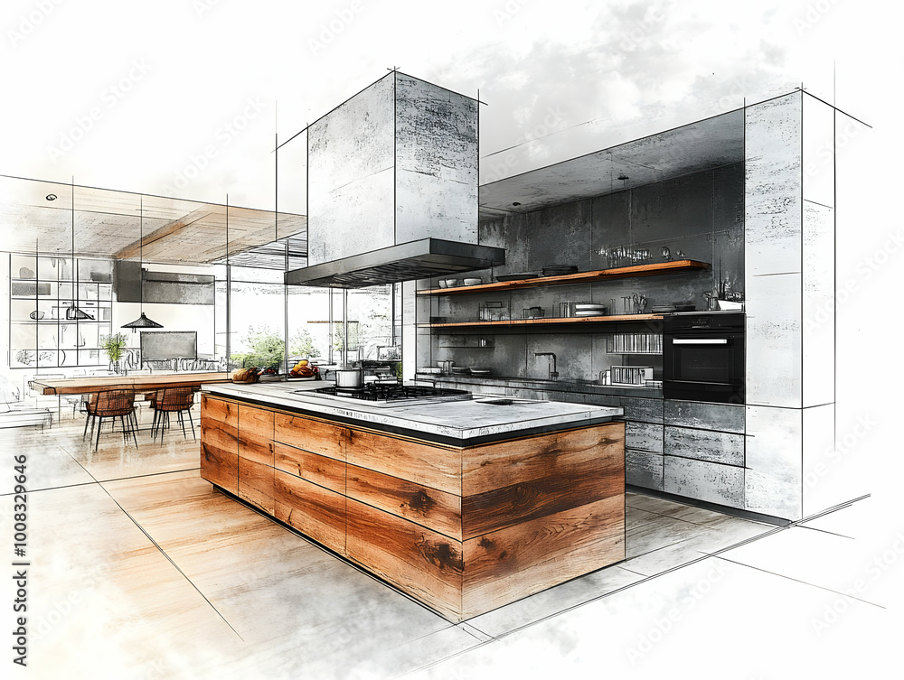 Illustration - Modern Kitchen Design with Wooden Island and Concrete Accents Illustration - Modern Kitchen Design with Wooden Island and Concrete Accents