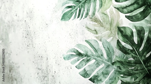 Beautiful watercolor tropical leaves painted on white paper photo