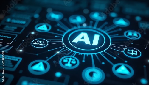 Close-Up View of an AI Symbol Surrounded by Technological Icons on Dark Blue Background Displaying Advanced AI Technology Concepts