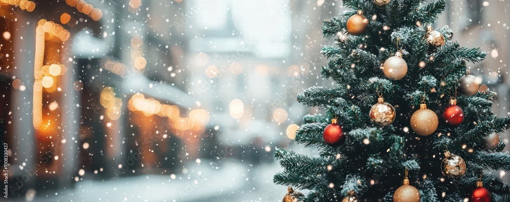 A festive Christmas tree adorned with ornaments, surrounded by a snowy street, capturing the charm of holiday celebrations in a winter wonderland. A festive Christmas tree adorned with ornaments, surrounded by a snowy street, capturing the charm of holiday celebrations in a winter wonderland.